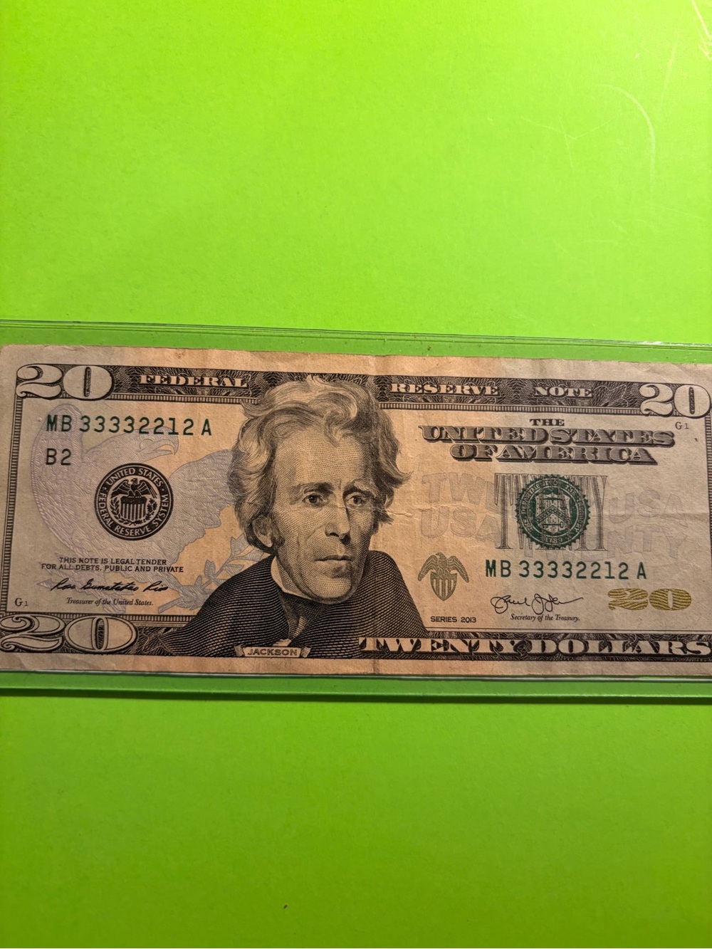 US Twenty Dollar Bill - 2013 20 Dollar Bill Fancy Serial Number MB 33332212 A